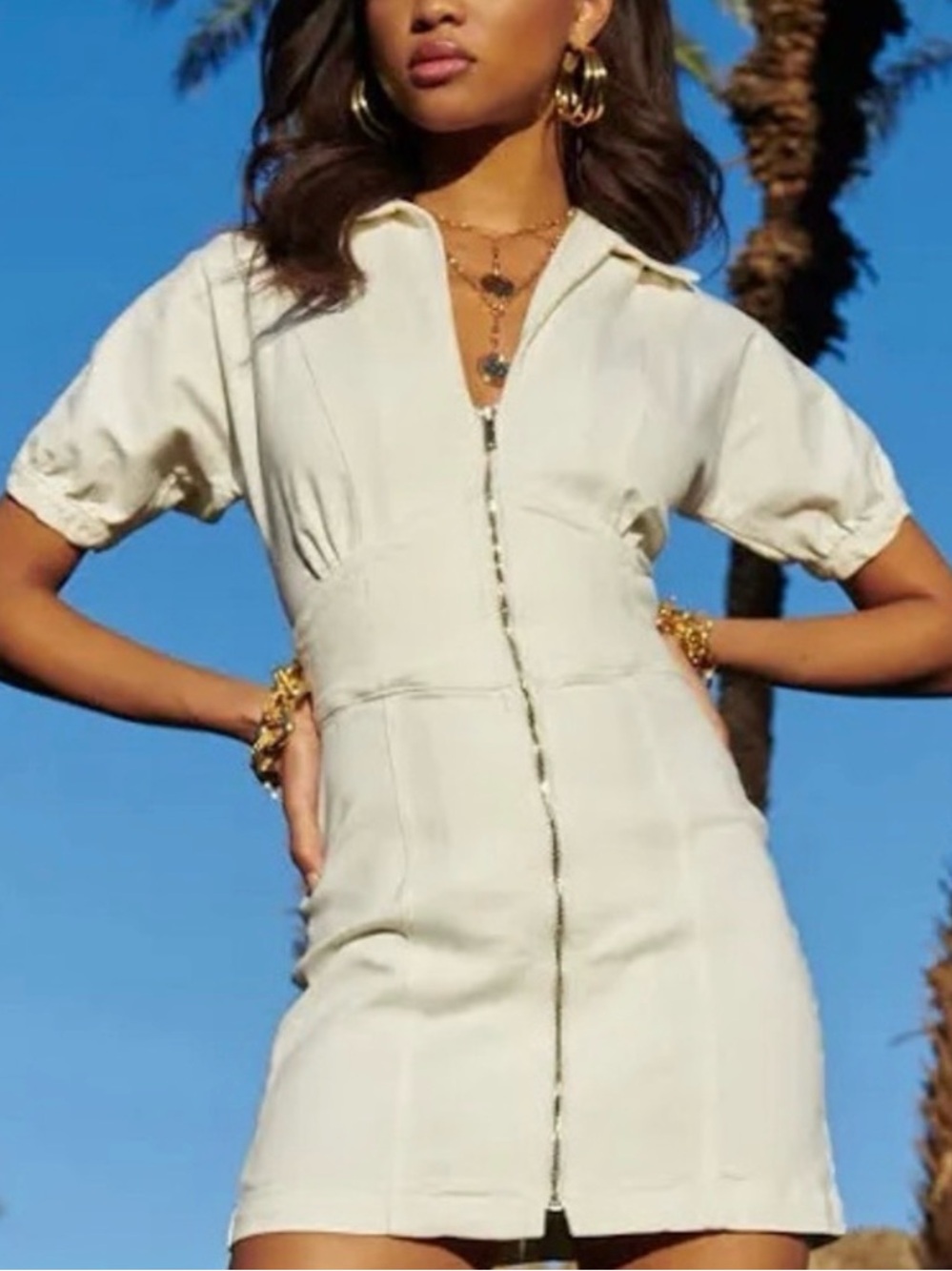 Ramy Brook Lily Denim Mini Dress Off White Zip Front Puff Sleeve Size 26 USA